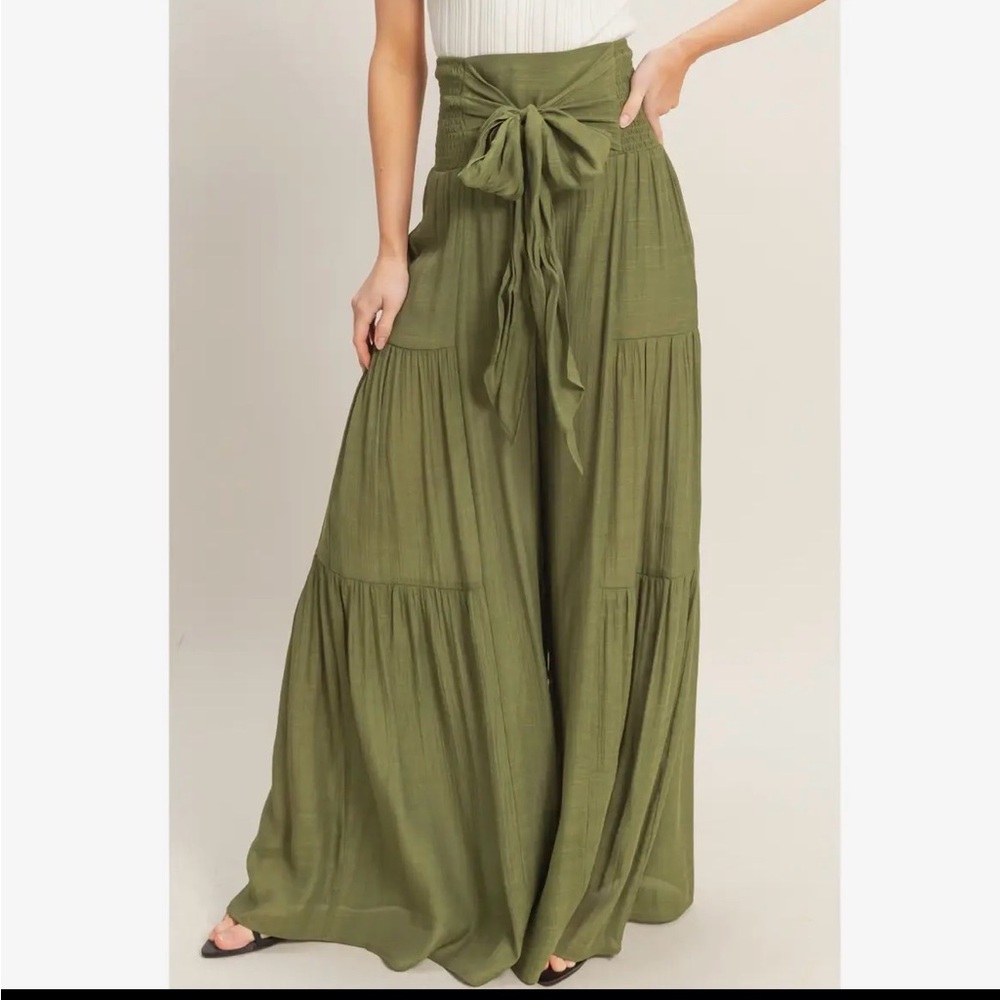 Olive Green Wide-Leg Boutique Pants with Bow Tie